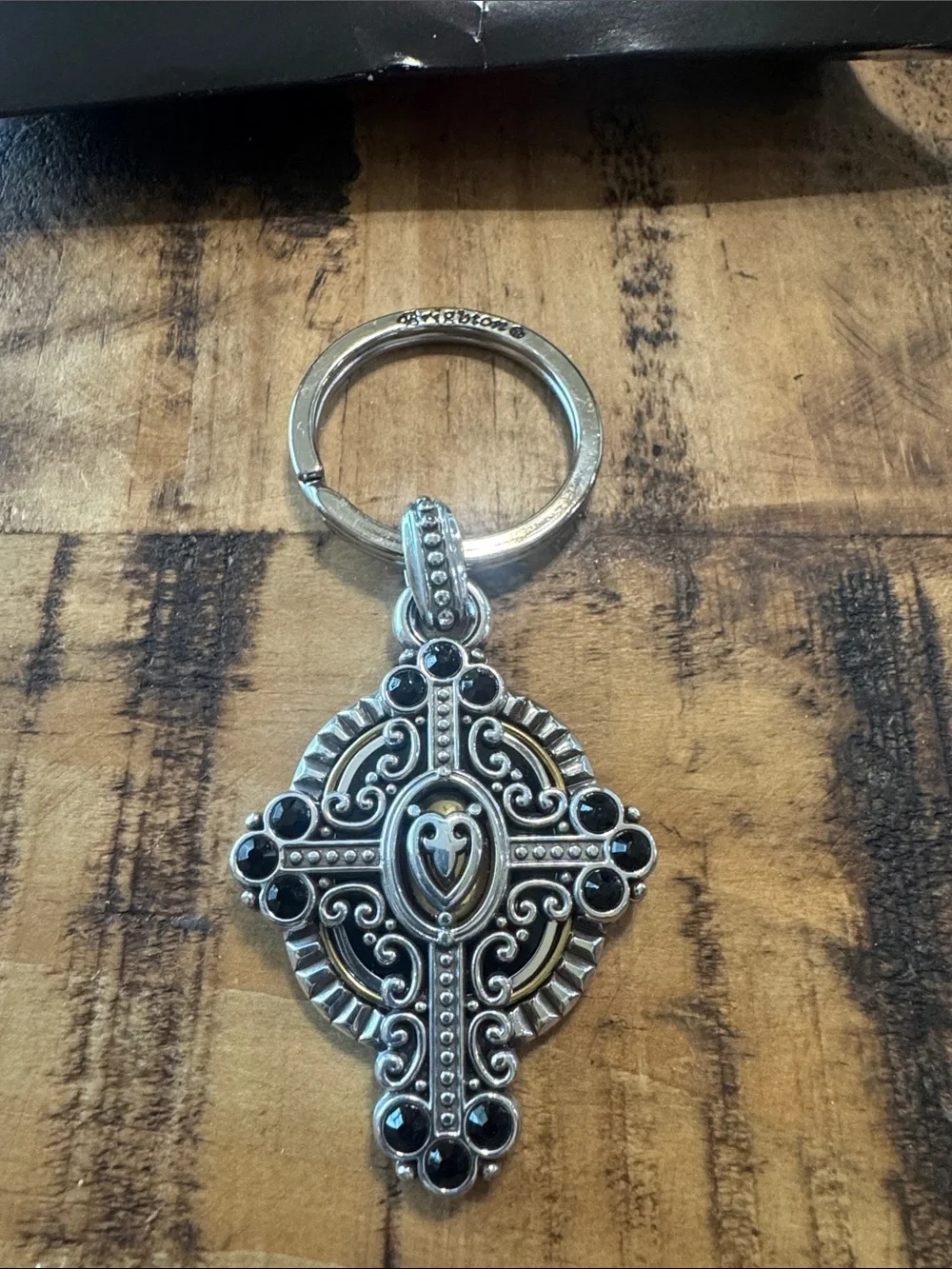 Brighton Silver-Tone Cross Keyring with Black Accents